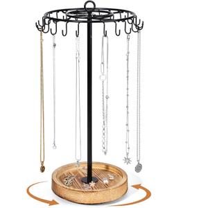 Rotating Necklace Holder, Necklace Organizer Tree Stand with 24 Hooks, Jewelry Necklace Display Stand, Wooden & Metal, Tall Spinning for Vendors Retail, Craft Show, Gift for Women, Vintage Black