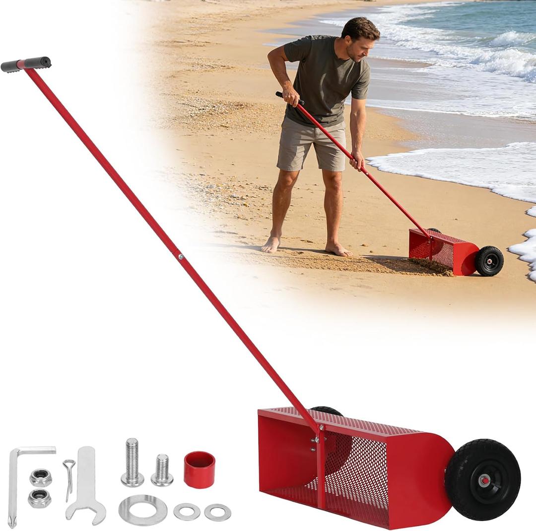 Beach Cleaning Tools, Used for Beach Cleaning and Beach Treasure Hunting, 28-inch Wide Basket-Shaped with Wheels, Beach Sand Cleaning Machine, Suitable for Beach Camping and Family Activities