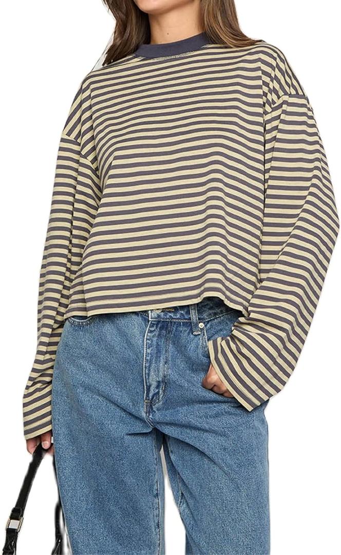 Women Y2k Long Sleeve Fairy Grunge Striped Baggy Tees Shirts 2000s Emo Aesthetic Sweater Crop Tops Streetwear (Large, Yellow)