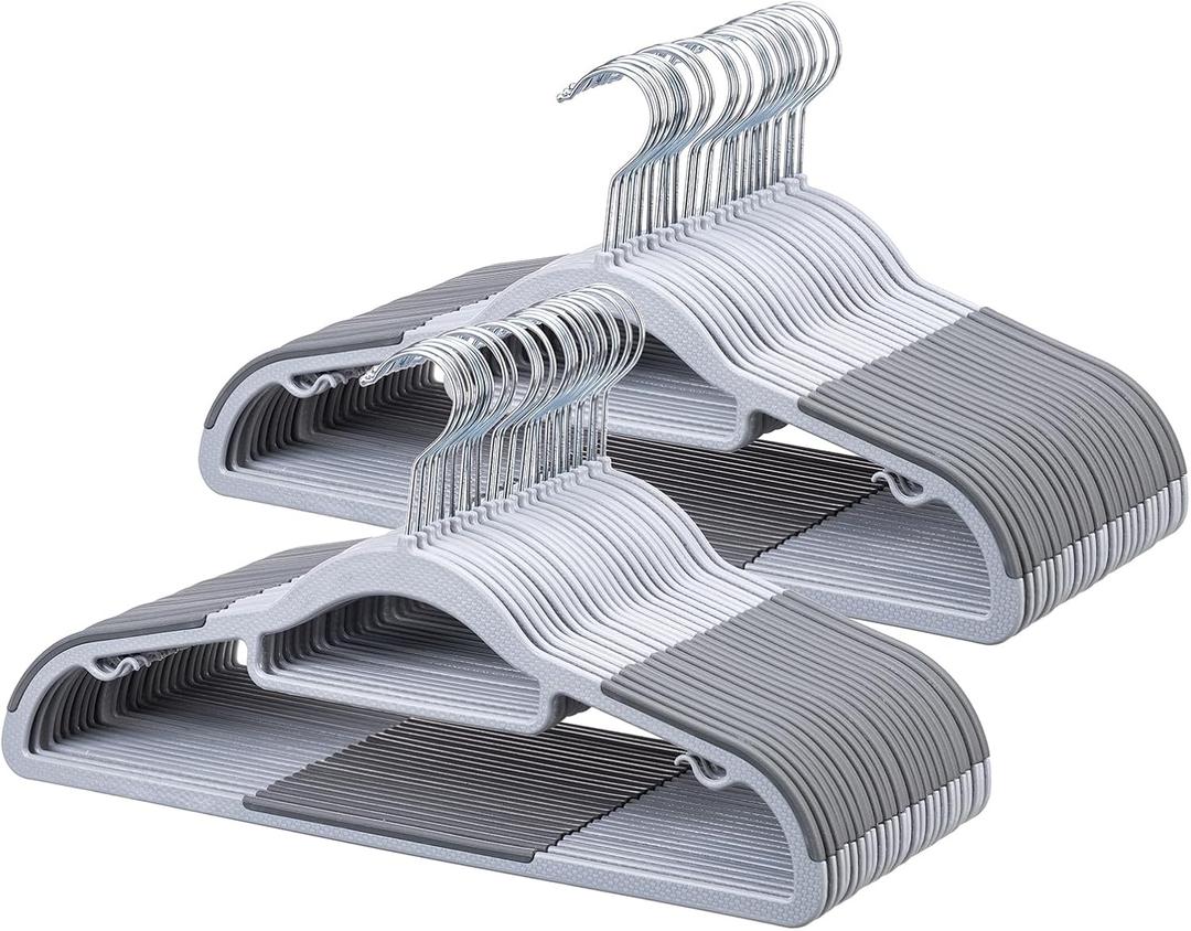 50-Pack Heavy Duty Coat Hangers, Non-Slip, 0.2'' Slim, 360 Swivel Hook, 16.5 Inches Wide, Space-Saving Plastic Clothes Hangers for Suit, Shirt & Pants, Light and Dark Gray