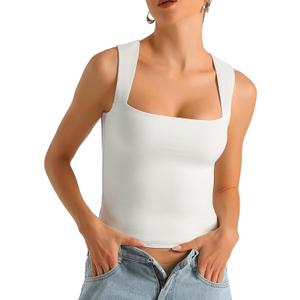 HOYAYO Women's Slim Fit Double-Layer Tank Top Square Neck Sleeveless Basic Fitted Tee Shirt (White, XS)