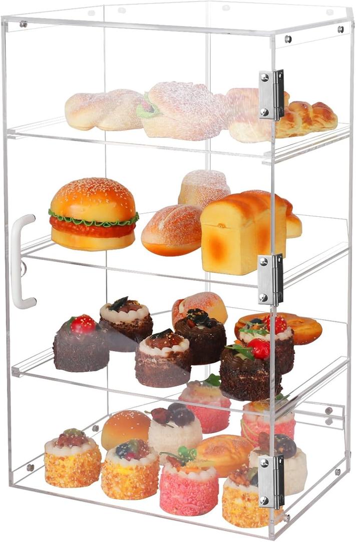 Large Pastry Display Case, Acrylic Bread Box with Front Door, Cake Donut Sourdough Bread Baking Supplies and Accessories, for Bakery Kitchen Stuff Countertop (4-Tier)