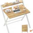 GreenForest Portable Small Desk No Assembly, 2-Tier Compact Computer Desk with Shelf, Space Saving Foldable Table for Home Office, Bedroom or Apartment, Portable Collapsible Sturdy Laptop Desk, Oak