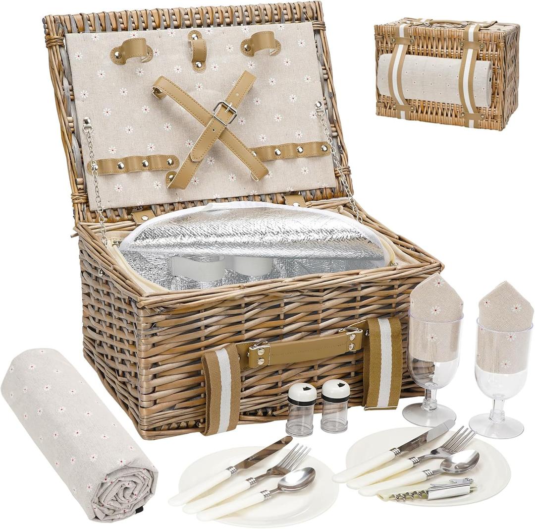 G GOOD GAIN Picnic Basket for 2 - Wicker Picnic Set with Waterproof Blanket| Large Picnic Hamper with Insulated Cooler & Cutlery Kit for Couples Camping,White Flower, 15x11x7.5inch