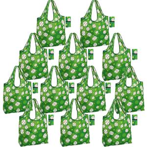 12-pack Baseball Party Tote Bags for Women - Large 15 x 16 x 5 in Durable Reusable Foldable Green Shopping Bags with Handles, Machine Washable, Ideal for Family, Travel & Gifts