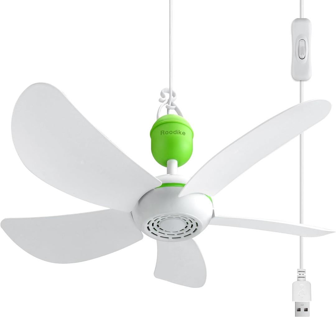 Mini USB Ceiling Fan for Camping Tent, 17" Portable Hanging Ceiling Fan for Outdoor Gazebo or RV, 13.2ft Long Cord with on/off Button, DC 5V, 330 RPM Rotation Speed, 36 dB Quiet