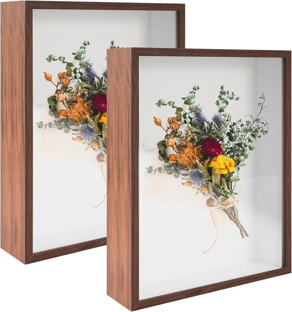 2 Pack Shadow Box Frame 11"x 14" Wood Deep Shadow Boxes Display Cases, Dried Flowers, Photos, Handicrafts Picture Frames for Wall Hanging Tabletop (Walnut Wood, 11"x 14")