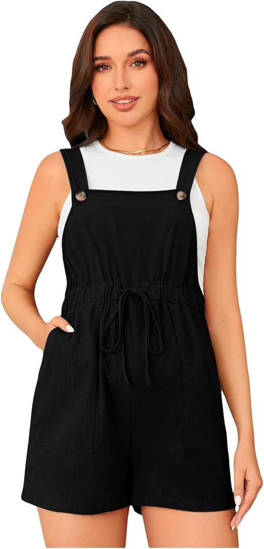 OYOANGLE Women's Maternity Button Sleeveless Drawstring High Waist Short Overall Casual Romper with Pocket (Medium, Black)