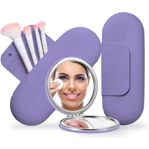 Travel Makeup Brush Holder & Pocket Mirror, Silicone Makeup Brush Organizer, Dirt-Resistant Easy to Clean Makeup Brush Bag with Anti-Fall Out Magnetic Closure (Lavender)