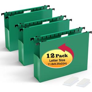 Extra Capacity Plastic Hanging File Folders,12 Pack Reinforced Expanding Hang Folder Letter Size,Accordian Pocket,Heavy Duty 2 Inch Expansion,Hanging Folder Organizer for Office Home,Green
