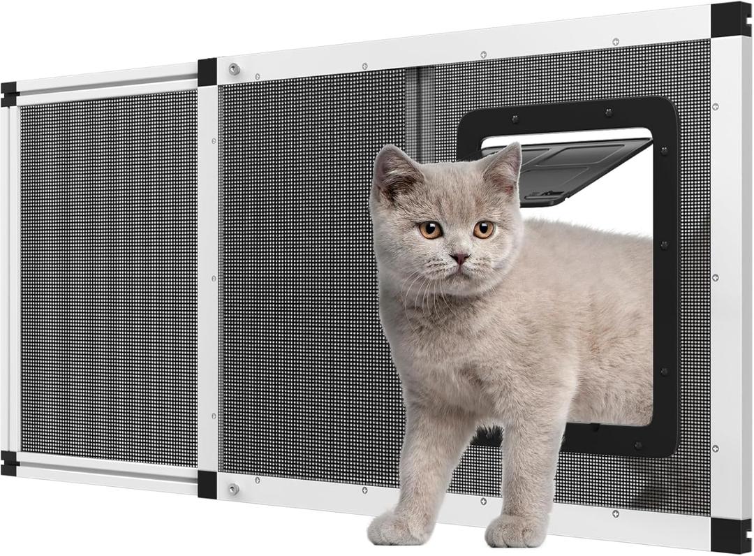 Adjustable Ventilated Pet Door for Window 35.4"-46.7" Wide, White Aluminum Frame + Stainless Steel Mesh | Breathable Bug-Proof | 4-Way Lock Magnetic Closure Cat Window Door, Cat Door for Window Insert