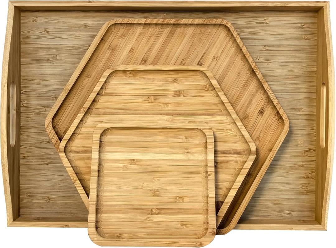 Bamboo Serving Trays Dinner Plates Cheese Board 16.5"x11.8"42x30cm with Handle, Set Includes 1xHexagon 12.5"(32cm)+1xHexagon 9.8"(25cm)+1xSquare 5.9"(15cm) Plates for Family Dinner (2hexagon+1square)