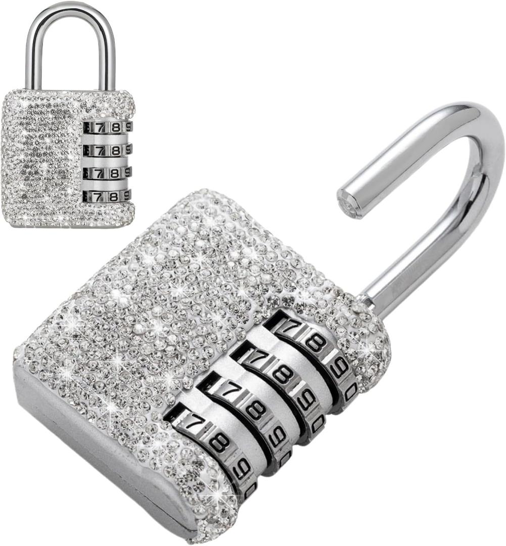 Bling Combination Lock for Locker Crystal 4 Digit Code Locks Outdoor Padlock for Gym, School, Sports, Fence, Toolbox, Gate, Case, Room, Hasp Storage (White)