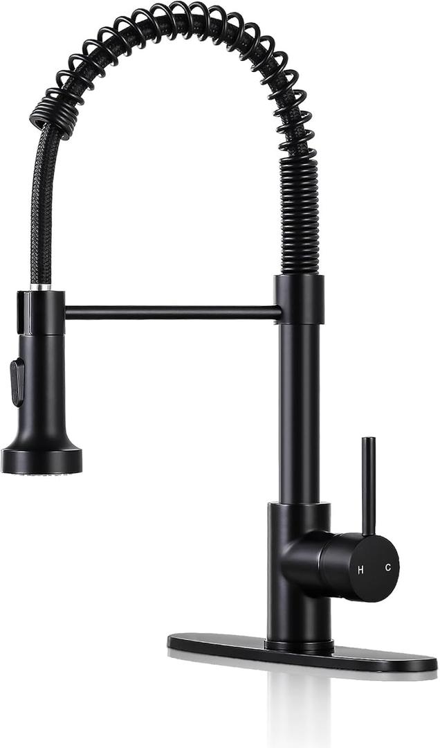 DJS Kitchen Faucets with Pull Down Sprayer Matte Black - Dual Mode Setting Single Handle 1 or 3 Holes Commercial Black Kitchen Sink Faucet with Deck Plate for Farmhouse RV Vessel Basin