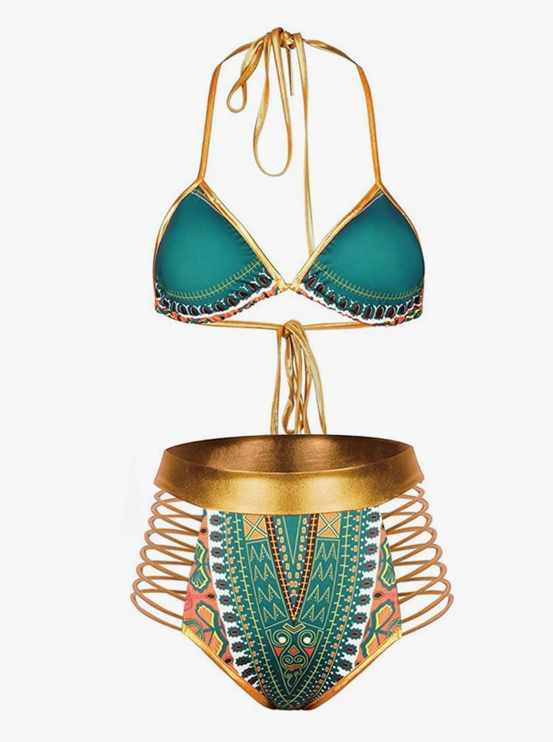 Zando Women Tribal Print Bikini African Metallic Swimsuit Two Piece Beachwear Cutout Halter Neck Bathing Suit Swimwear L