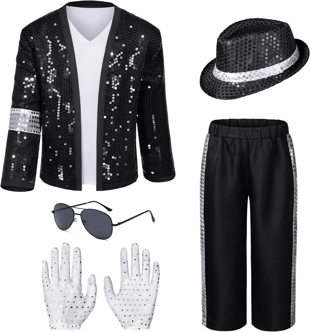 Dance Star Kids Costume for Boys 80s 90s Pop Stage Cosplay Party Halloween Role Play Black 8-10 Years