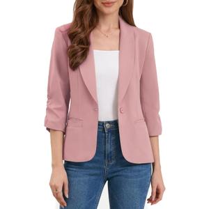 Allegra K Blazer for Women Business Casual Outfits Ruched 3/4 Sleeve Lapel Spring Dressy Suit Jackets with Pockets, X-Small, Pink