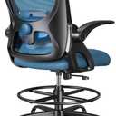 Drafting Chair,Tall and Standing Desk Chair with Flip-up Armrests, Ergonomic Comfy Lumbar Support and Adjustable Footrest Ring Office/Computer Chair (Black-Blue) (with Foot Ring)