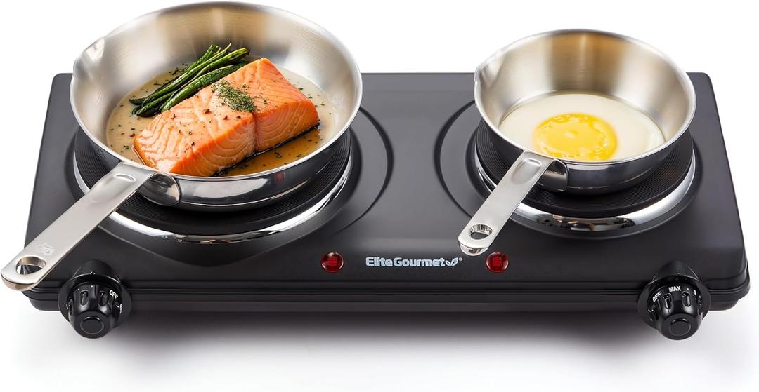 Elite Gourmet EDB302BF Countertop Double Cast Iron Burner, 1500 Watts Electric Hot Plate, Temperature Controls, Power Indicator Lights, Easy to Clean, Black