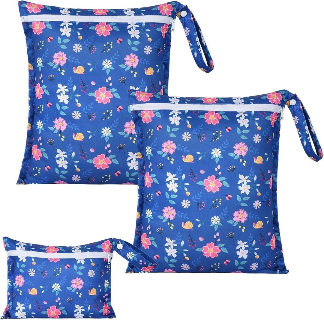 OTraki 3 Pack Waterproof Wet Dry Bag with Zippered & Handle Reusable Wet Clothes Bag Baby Cloth Diaper Wet Bags for Swimming Travel Beach Pool Gym,Drying Do Not Exceed 176 (Flower Pattern)