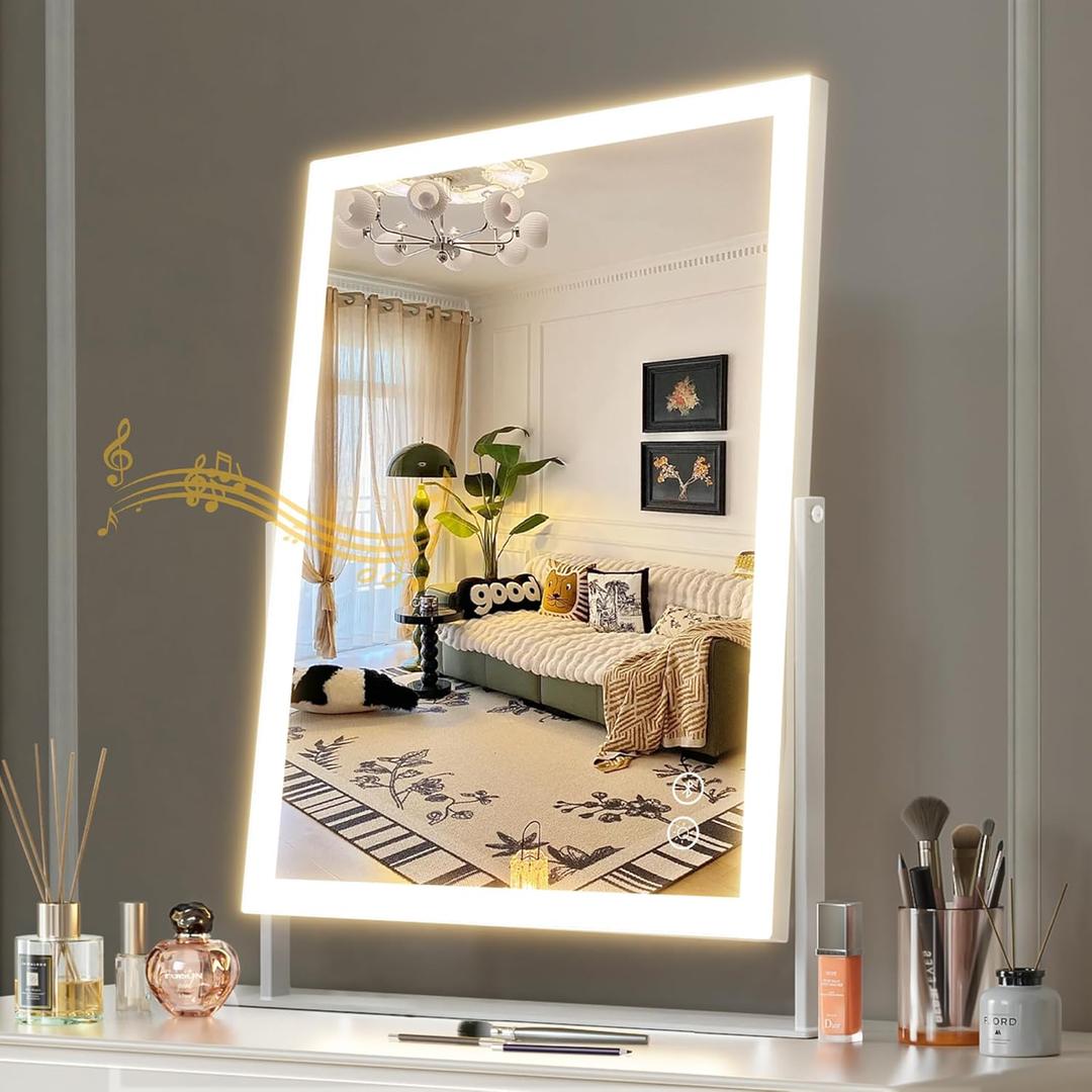 Hansong Vanity Mirror with Lights 11.8"x 16" Hollywood Makeup Mirror with Bluetooth Speaker 3 Colors Dimmable and 360 Rotation 10X Magnification Light Up Mirror for Desk (A-white-12)