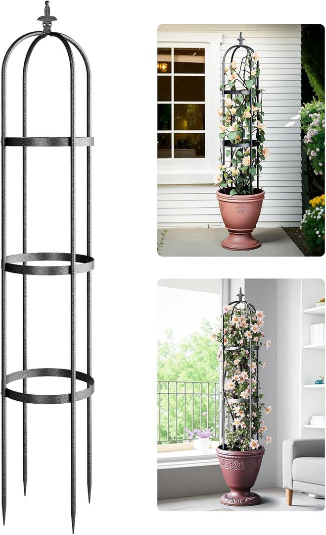 Idzo Trellis for Climbing Plants Outdoor, Garden Trellis Steel, Obelisk Design Hammer Stone Coated, 72 in Upgrade 2025, Vertical Support for Climbing Plants, Decorative for Outdoor & Indoor Use (Upgraded Black - Spiked Legs)