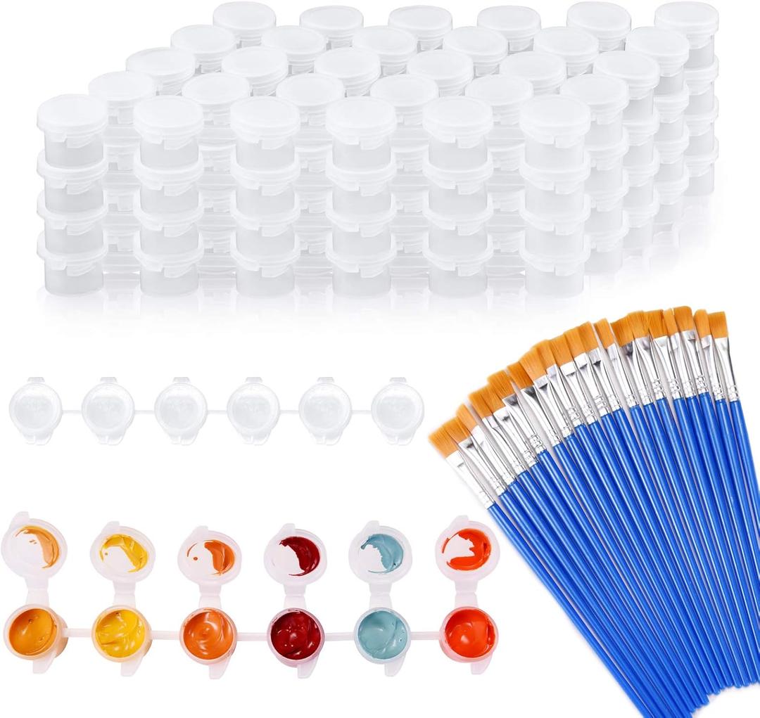 20 Strips 120 Pots Empty Paint Strips Paint Containers with lids Mini Paint Pods Cup Pots 20 Pieces Paint Brushes Arts Crafts Supplies for Kids Classrooms Schools Painting Art Festivals 3 ml/0.1 oz