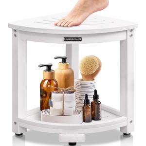 KingPavonini Waterproof Corner Shower Stool for Inside Shower, Anti-Fading Shower Bench for Shaving Legs, HDPS Anti-Fracture Shower Seat with Storage Shelf, Rapid Assembly, Load 400 Pounds (17.13*13.5, White)