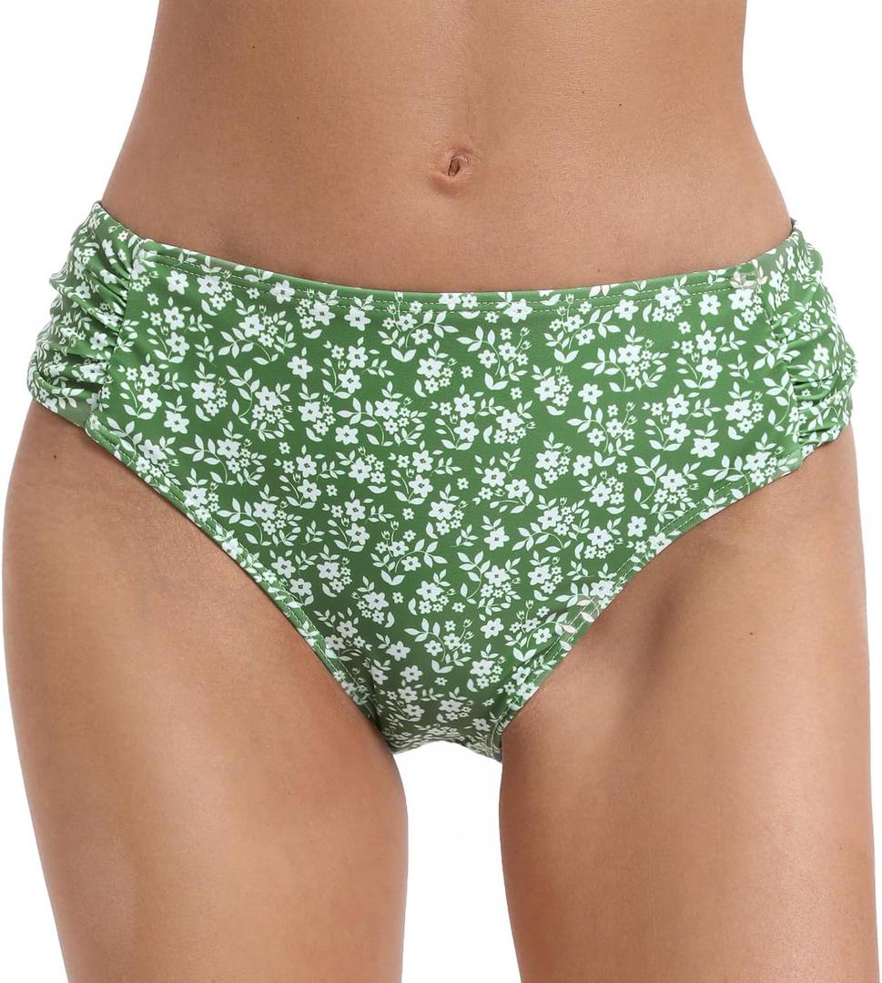 Women's Bathing Suit Bottoms Full Coverage Ruched Bikini Tankini Bottom Swimsuit Brief (Medium, Green White Floral)