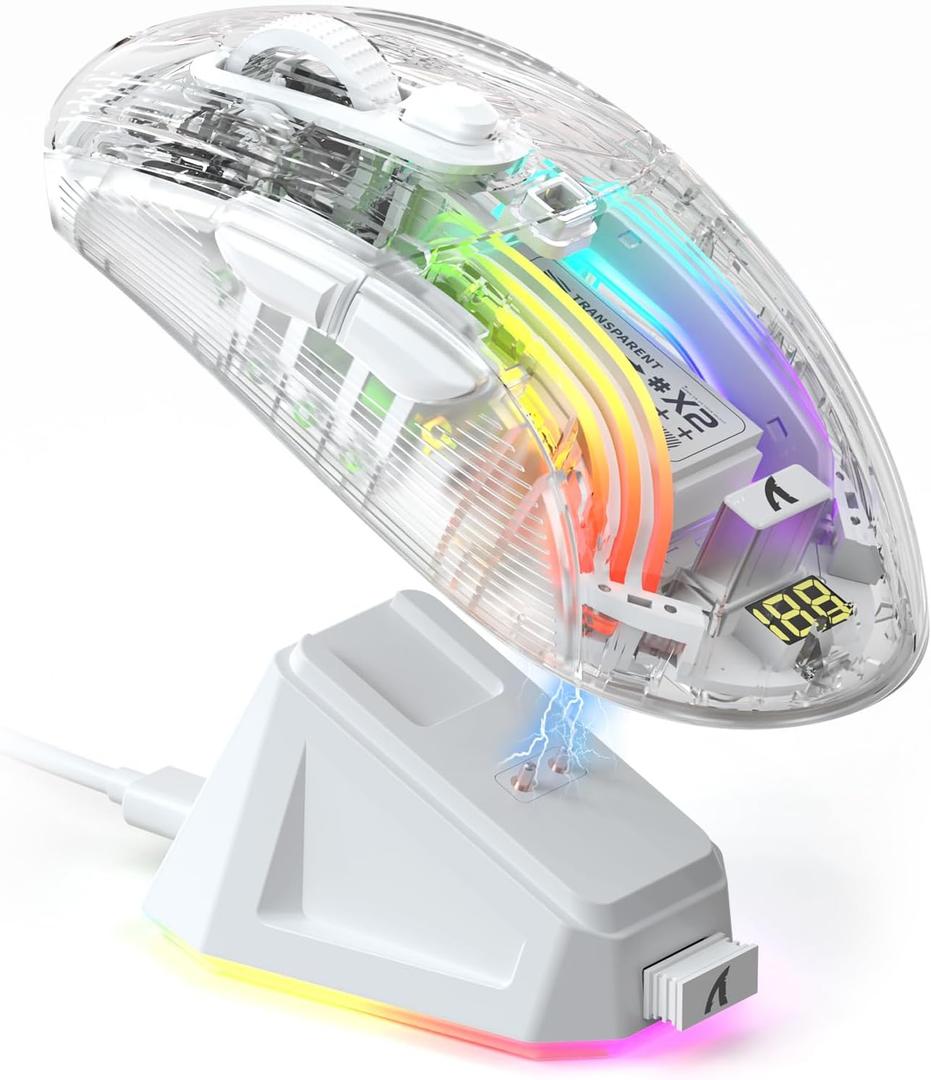 ATTACK SHARK X2 Pro Wireless Gaming Mouse with RGB Charging Dock,Tri-Mode PC Gaming Mice 2.4G/Bluetooth/Wired,Noiseless Mouse RGB Backlit,Transparent Shell,PixArt 3212 4000 DPI,for Win/MAC,White