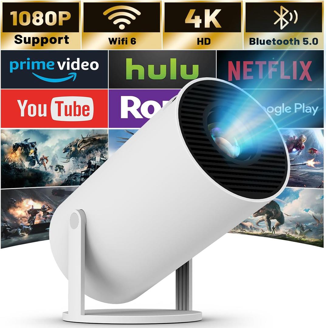 Mini Projector with WIFI 6 and Bluetooth, 4K 1080P Support Portable Projector 180 Rotatable 130'' Screen Movie Projector Auto Keystone Compatible for Laptop, PC, Smartphone (White)