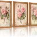 EEYNAQQ Vintage Pink Rose Wall Art, 3-Piece Wood Framed Floral Canvas Painting, Retro Botanical Wall Decor for Living Room Bedroom kitchen, 16x24 Inches Ready to Hang