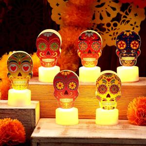 Tuanse 6 Pcs Halloween Day of The Dead LED Flameless Tealight Candles Dia De Muertos Suger Skull Gifts Mexican Halloween Flameless Candles for Bedroom Living Room Ofrenda Decorations