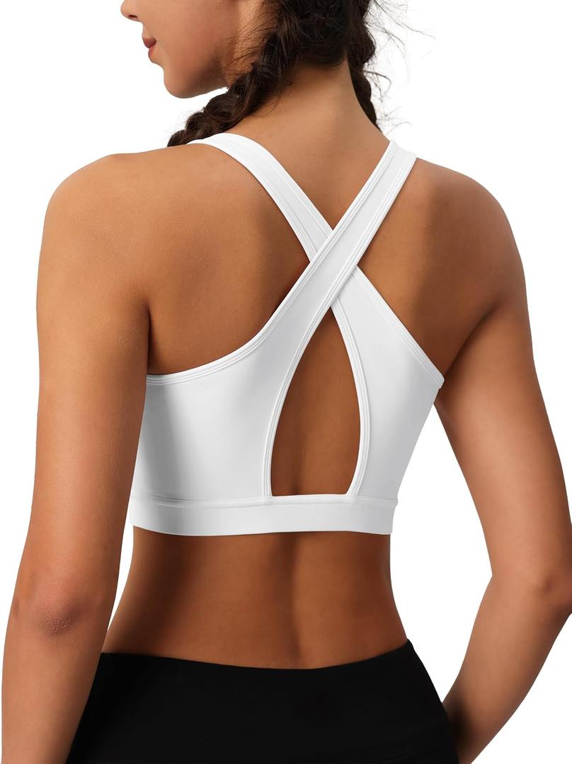 MAGCOMSEN Women's Sports Bras Cross Back Wireless Padded Bra Wide Strap Low Impact Moisture-Wicking for Workout Gym Yoga (White)