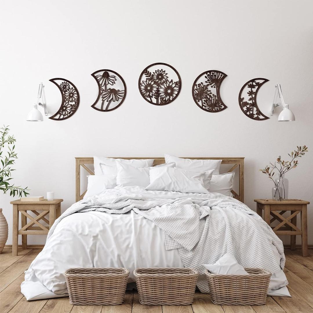 Jetec 5 Pcs Moon Phase Wall Hanging Decor Art Above Bed 10.6" H Boho Moon Phase Wood Wall Pediment Ornament for Living Room Bedroom Home Decoration Room Apartment Bar(Brown)