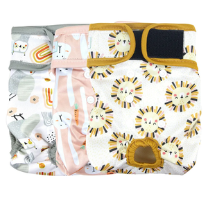 Langsprit Washable Female Dog Diapers (3 Pack) Doggie Reusable Small Medium Large Dog Diapers for Doggy Puppy Female in Period Highly Absorbent Dog Heat Panties (Medium, Rabbit, Owl, Lion)