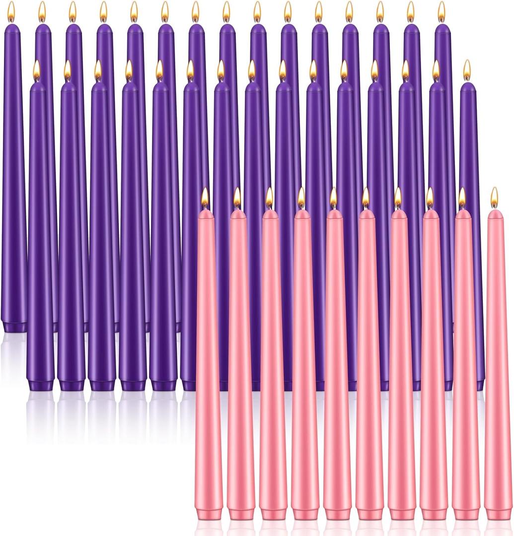 Patelai 40 Pcs Christmas Advent Candle Set Taper Candles 10 Inch Purple and Pink Christmas Candles Candlesticks for Wedding Advent Home Church Holiday Decoration Party Celebrations
