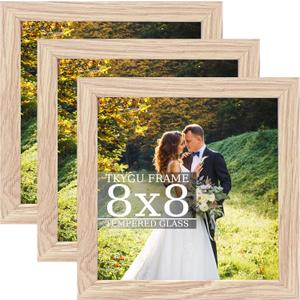 TKYGU 8x8 composite wood Picture Frame Set of 3, Real Glass for Rustic Natural 8x8in Poster Frames- Art Frame, Wall Hanging-Tabletop Display Gallery Family Wedding Memorial Pic Frame Best Gift
