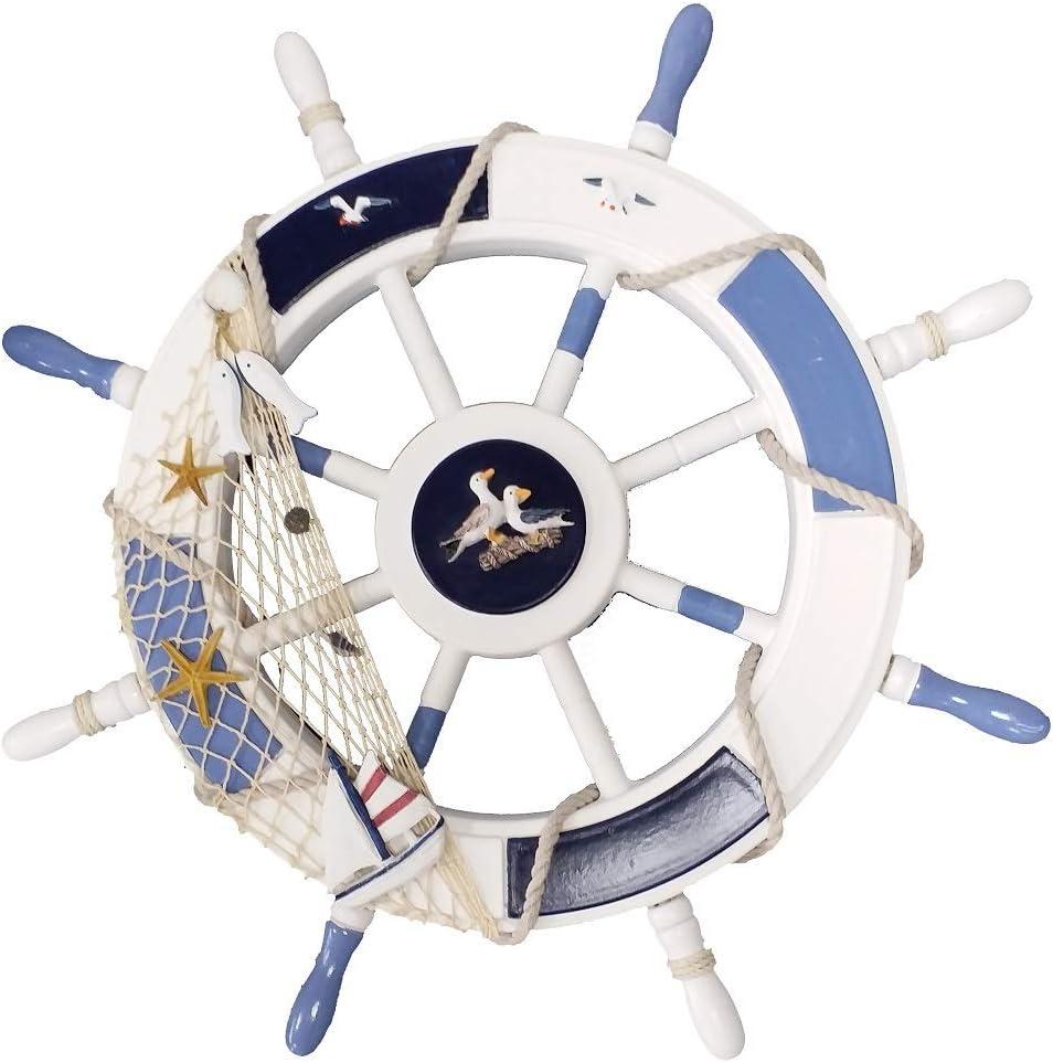Gesteh Nautical Beach Wooden Boat Ship Steering Wheel Fishing Net Shell Home Wall Decor (24 inches)