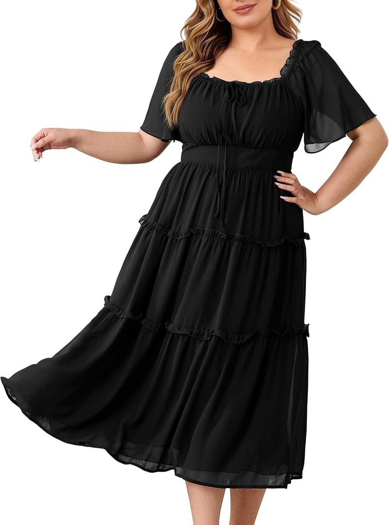 Plus Size Floral Chiffon Maxi Dress for Women ,Square Neck Puff Sleeve Lined Summer Beach Dress 3XL