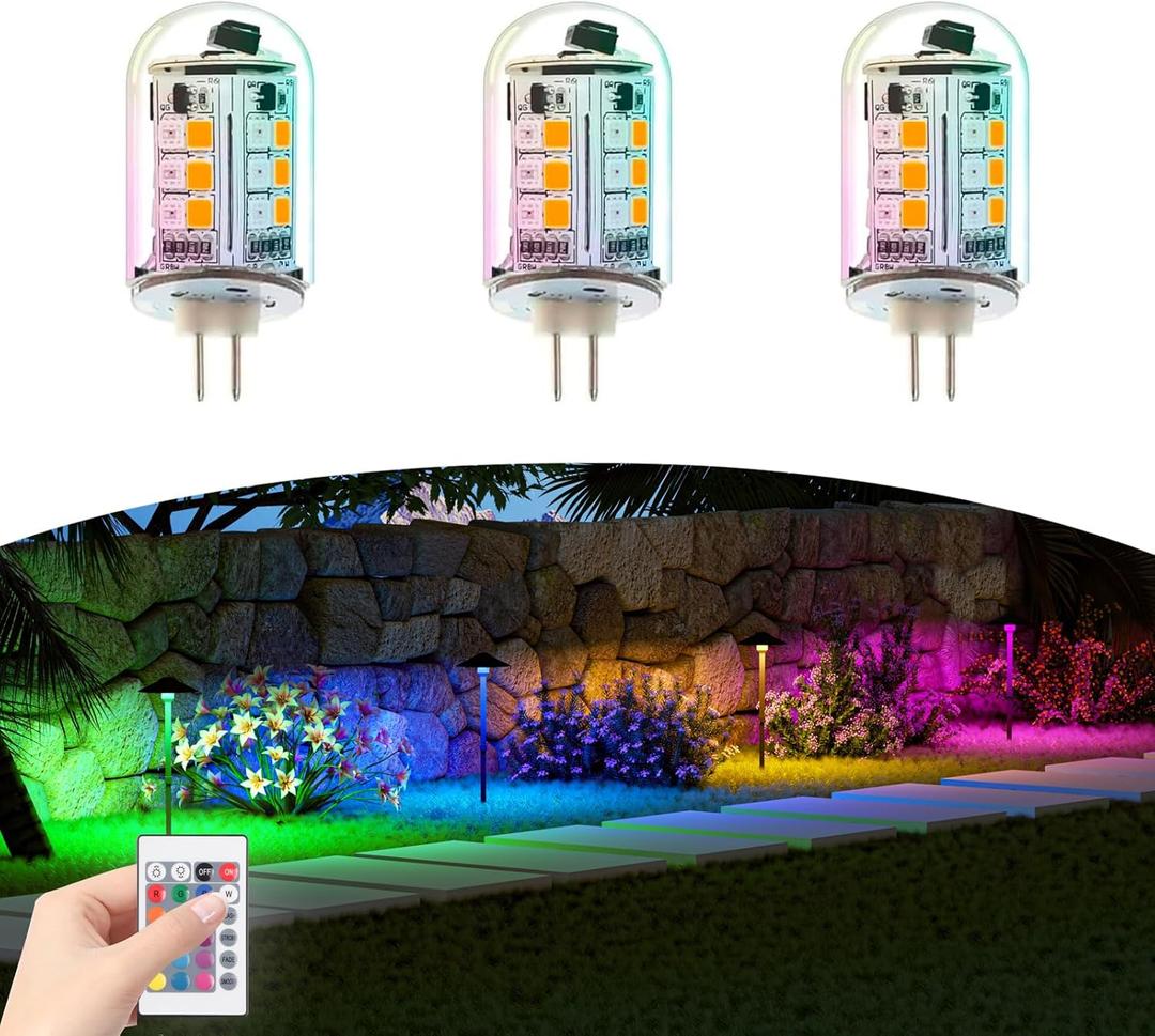 RGB T3 G4 Bi-pin LED Bulbs 12V Color Changing, G4 Halogen Bulb Replacement, Warm White+15 Multicolors and Dimmable on Remote Control, Weatherproof for Outdoor Low Voltage Landscape Lighting