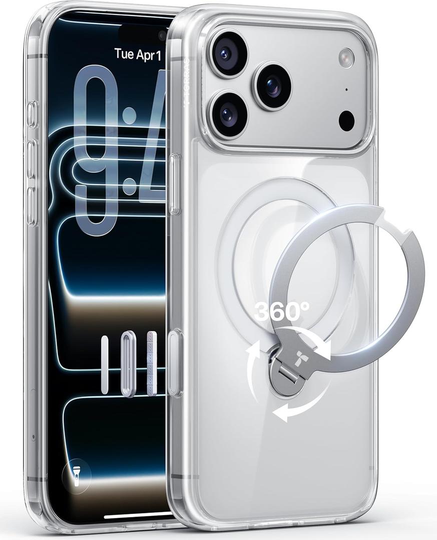 TORRAS Ostand Q3 Spin for iPhone 17 Pro Case Clear, 360 Magnetic Stand, Fit for MagSafe, Camera Control, Built-in Kickstand, 4X Military-Grade Shockproof Slim Phone Case for iPhone 17 Pro, 6.3''