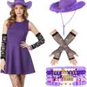 Breathffy 7 Pcs Halloween Pop Singer Costume Accessories for Women Purple Butterfly Concert Outfit with Purple Feathers Cowgirl Hat Fishnet Bow Gloves 5 Friendship Bracelets for Halloween Cosplay