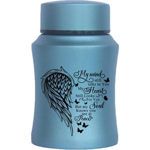 4.5 Inches Small Urn for Human Ashes Stainless Steel Mini Cremation Urn Small Keepsake Urn Heart Wing Pattern Memorial Ashes Container-Blue
