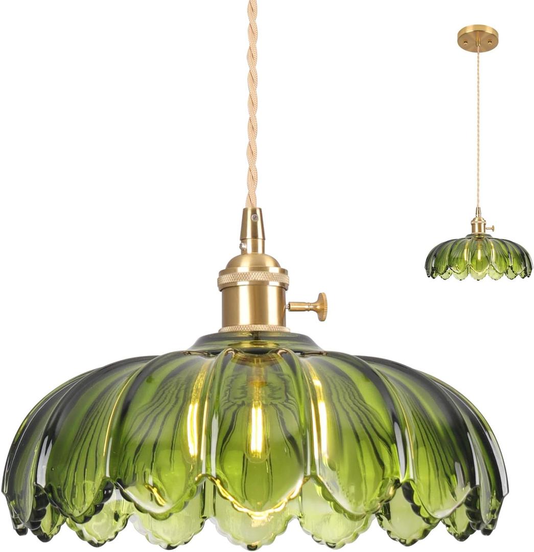 Pendant Lights Kitchen Island,Green Glass Vintage Light Fixtures,9.8inch E26 Adjustable Hanging Light Flower Finish Ceiling Hanging Lamp for Bedroom Living Room Hallway 1 Light (Hardwired 1 pack)