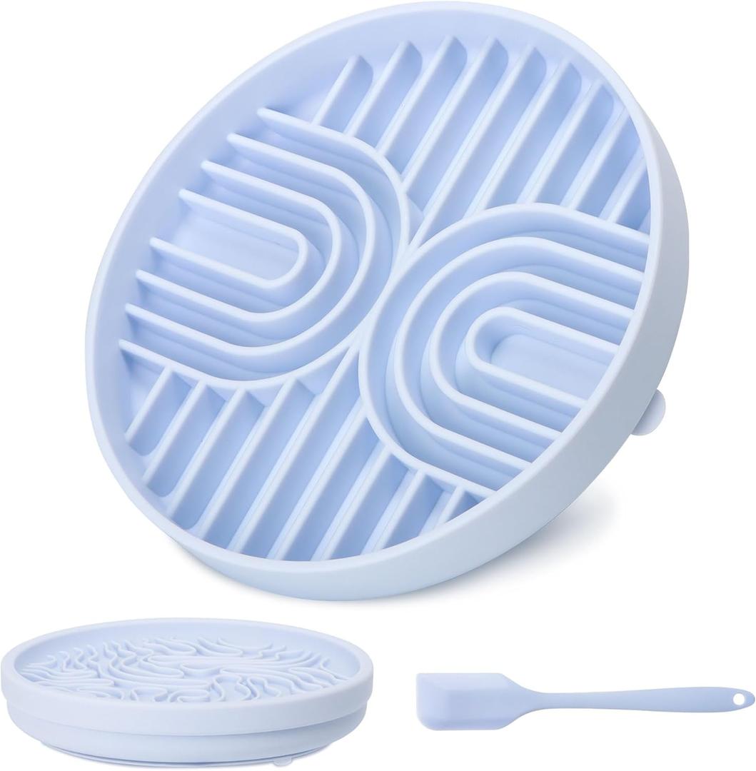2 in 1 Slow Feeder Dog Bowls with Suction Cups,Silicone Lick Mat for Dogs,DIY Wet or Dry Food,Dishwasher Safe,Blue,UU Bowl,Textured Lick Pad
