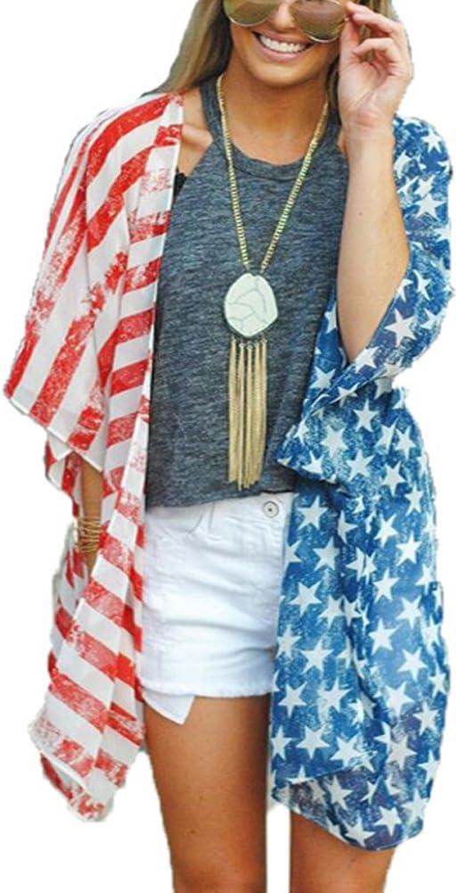 4th of July Women's American Flag Print Kimono Cover Up Tops Shirt (Red/White/Blue)