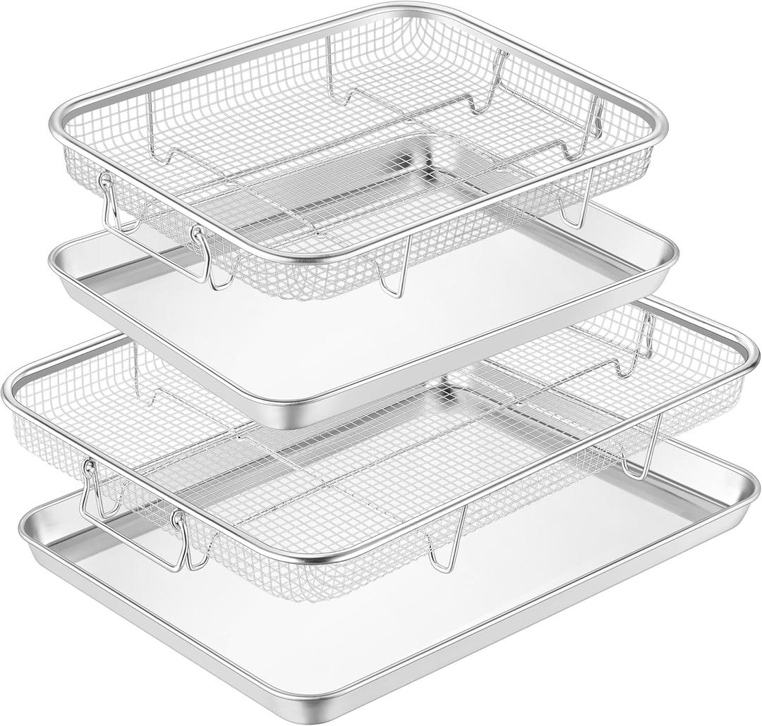 TeamFar Air Fryer Basket for Oven, 2 Set Stainless Steel Air Fryer Basket and Tray, 16x12 & 12.5x9.6 Oven Air Fryer Rack with Baking Pan for Cooking Baking Broiling Grilling, Dishwasher Safe