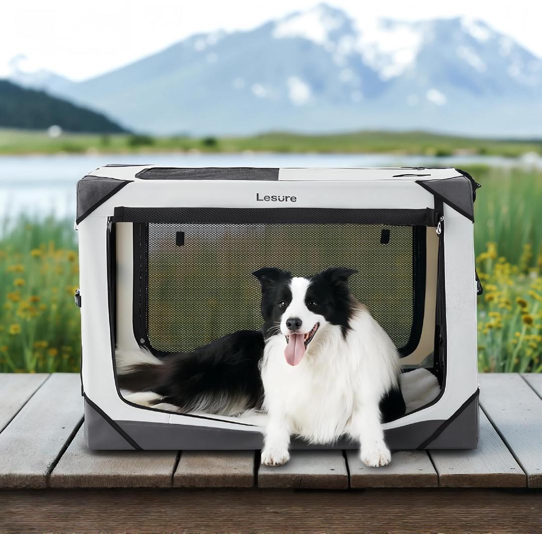 Lesure Collapsible Dog Crate - Portable Travel Kennel for Large Dog, 4-Door Pet Crate with Mesh Windows, Indoor & Outdoor, Light Gray