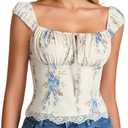 KUTUMAI Floral Lace Corset Top Y2k Square Neck Smocked Bustier Going Out Tie Cute Crop Tops for Women Summer BlueFloral L (Blue, L)